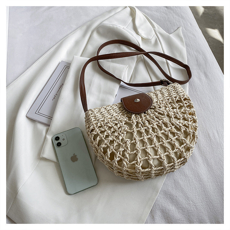 Fresh Hollow Out Cutout Semicircle Straw Bag Shoulder Crossbody Casual Straw Bag Woven Bag Vacation Beach Bag