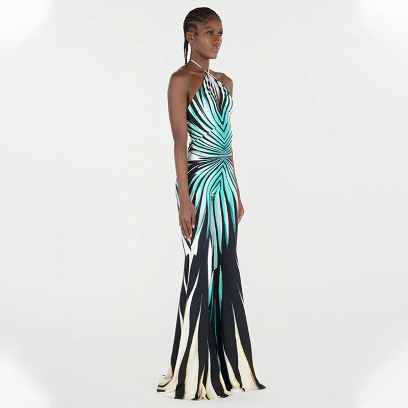 Women Clothing Catwalk Design Contrast Color Striped Hollow Out Cutout out Halter One Piece Trousers
