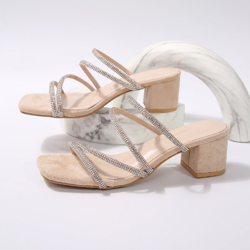 Chunky Heel Rhinestone Thin Strap Mid Heel Sandals Women Two Way Square Toe Slippers