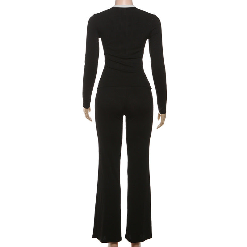 Women Clothing Autumn Personality round Neck Button Contrast Color Cardigan Long Sleeve High Waist Slim Trousers Two Piece Sets