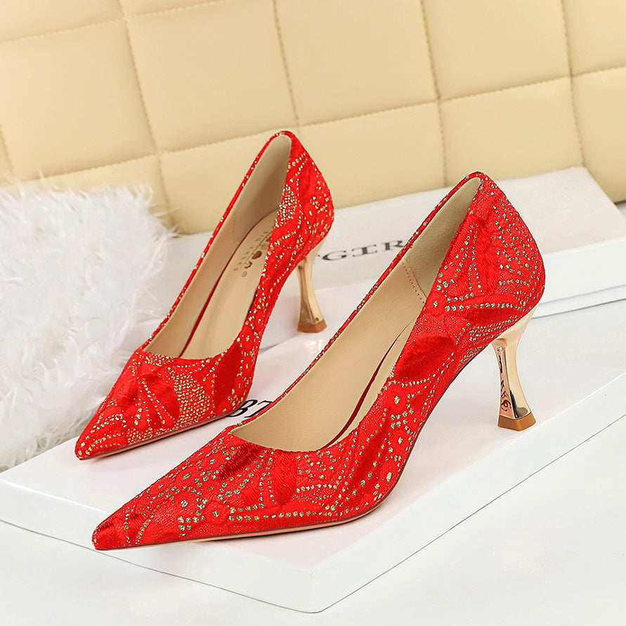Lace Mid Heel Shoes Pointed Irregular Asymmetric Lines Stiletto Heel Women Professional Shoes