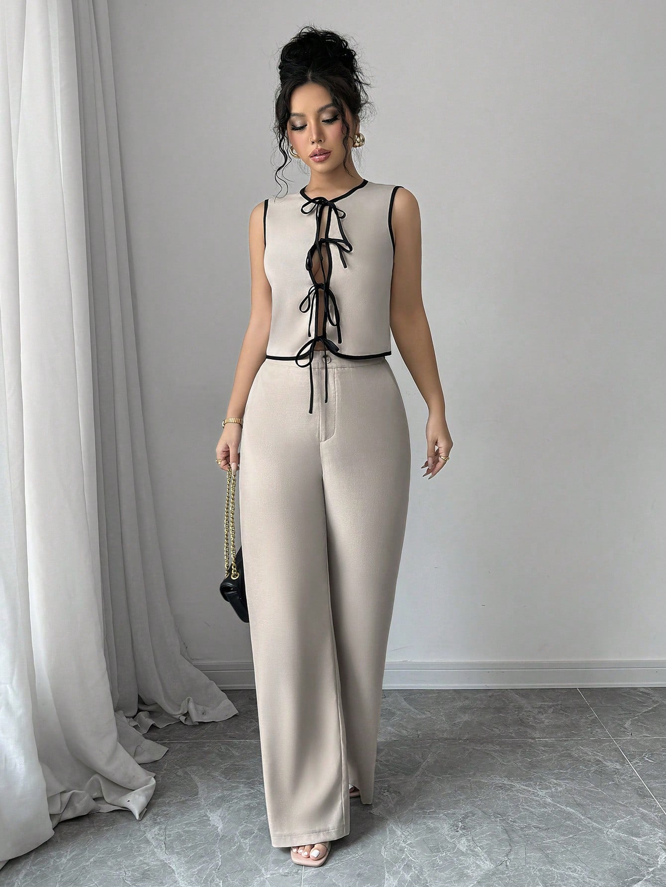 Real Shot Women Clothing Vest Lace up Sexy Sleeveless Top High Waist Wide Leg Pants