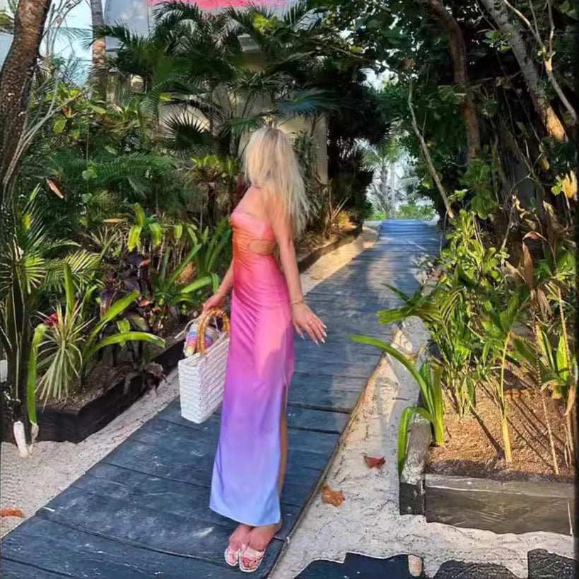Summer Dress Casual Sexy Gradient Print Tube Top Waist Dress