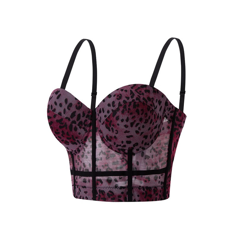 Sexy Leopard Print Stitching Bra Shoulder Straps High Grade Inner Mesh Lace See through Outer Wear Boning Corset Bra
