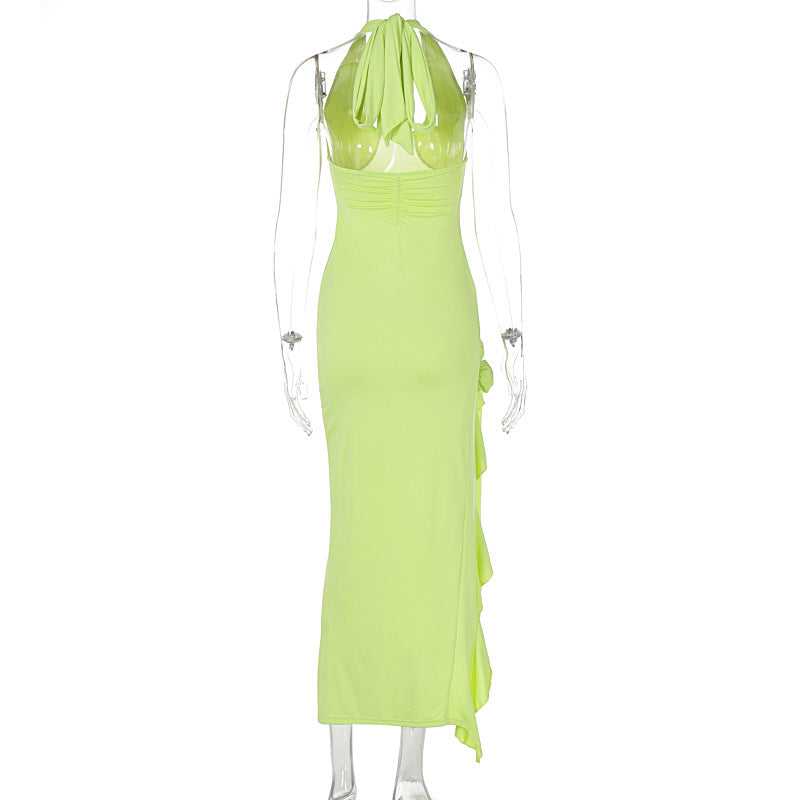 Summer Deep V Plunge Lace Up Halterneck Floral Decoration Slim Fit Dress Women