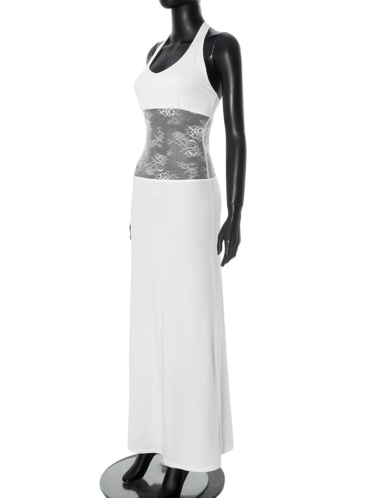 Women Clothing Sleeveless Backless U Collar Lace Slim Fit Patchwork Halter Maxi Dress