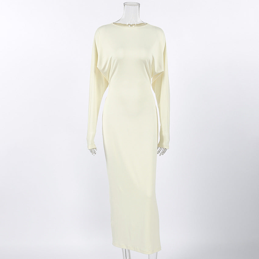 Design Backless Hollow Out Cutout out Dress Autumn Crew Neck Long Sleeve Gentle Simple Hip Dress