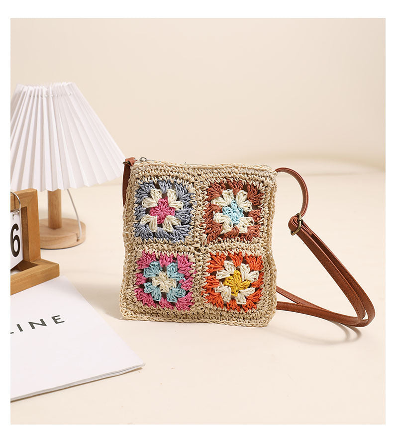 Hollow Out Cutout Floral Crossbody Straw Bag Retro Square Straw Bag Woven Bag Vacation Beach Bag All Match Shoulder Bag