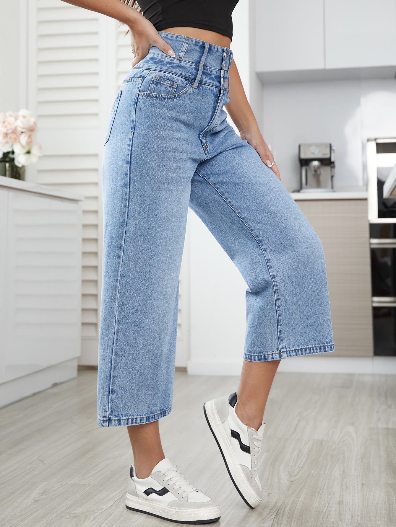 Denim Pants Women Straight High Waist Cropped Pants