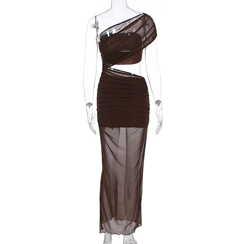 Women Clothing Summer Sexy off Shoulder Gauze Hollow Out Cutout Slim Fit Pleated See through Dress