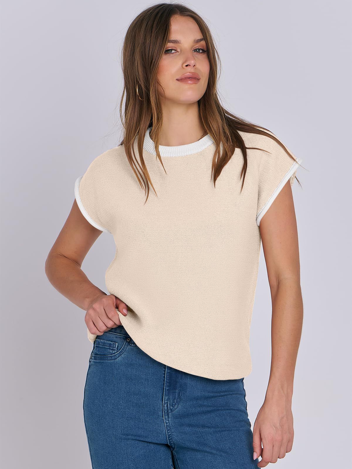 Women Clothing Summer round Neck Knitted Top Casual Striped Contrast Color Sweater