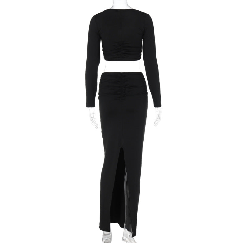 Women Clothing Summer Popular Sexy Bandeau Long Sleeve Back Slit Skirt Set