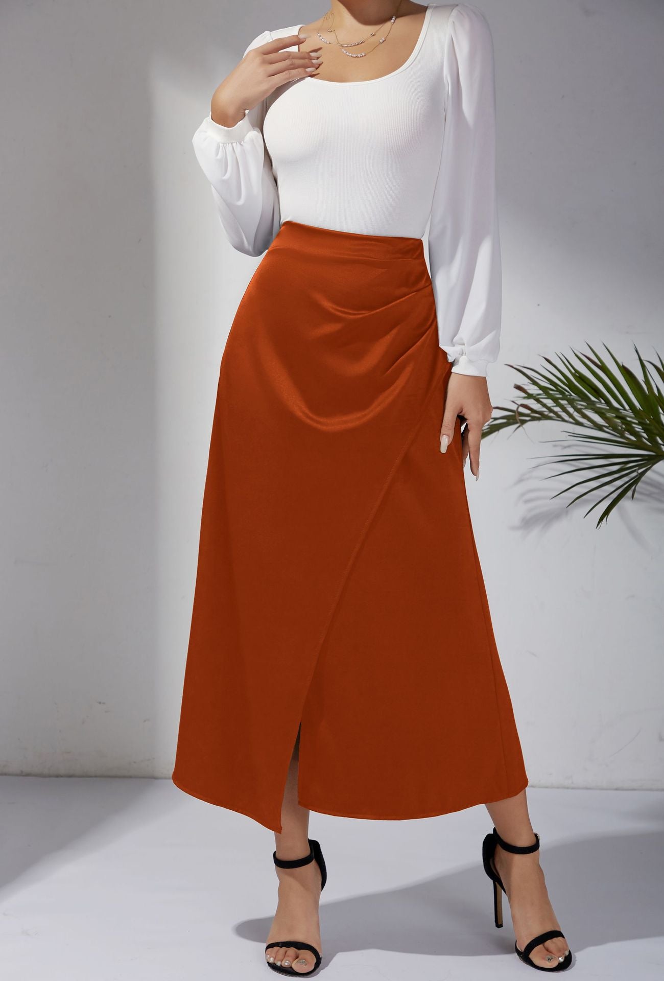 Women Clothing High Waist Satin Heap Pleated Split Dress Solid Skirt Zipper Fishtail Hip Skirt