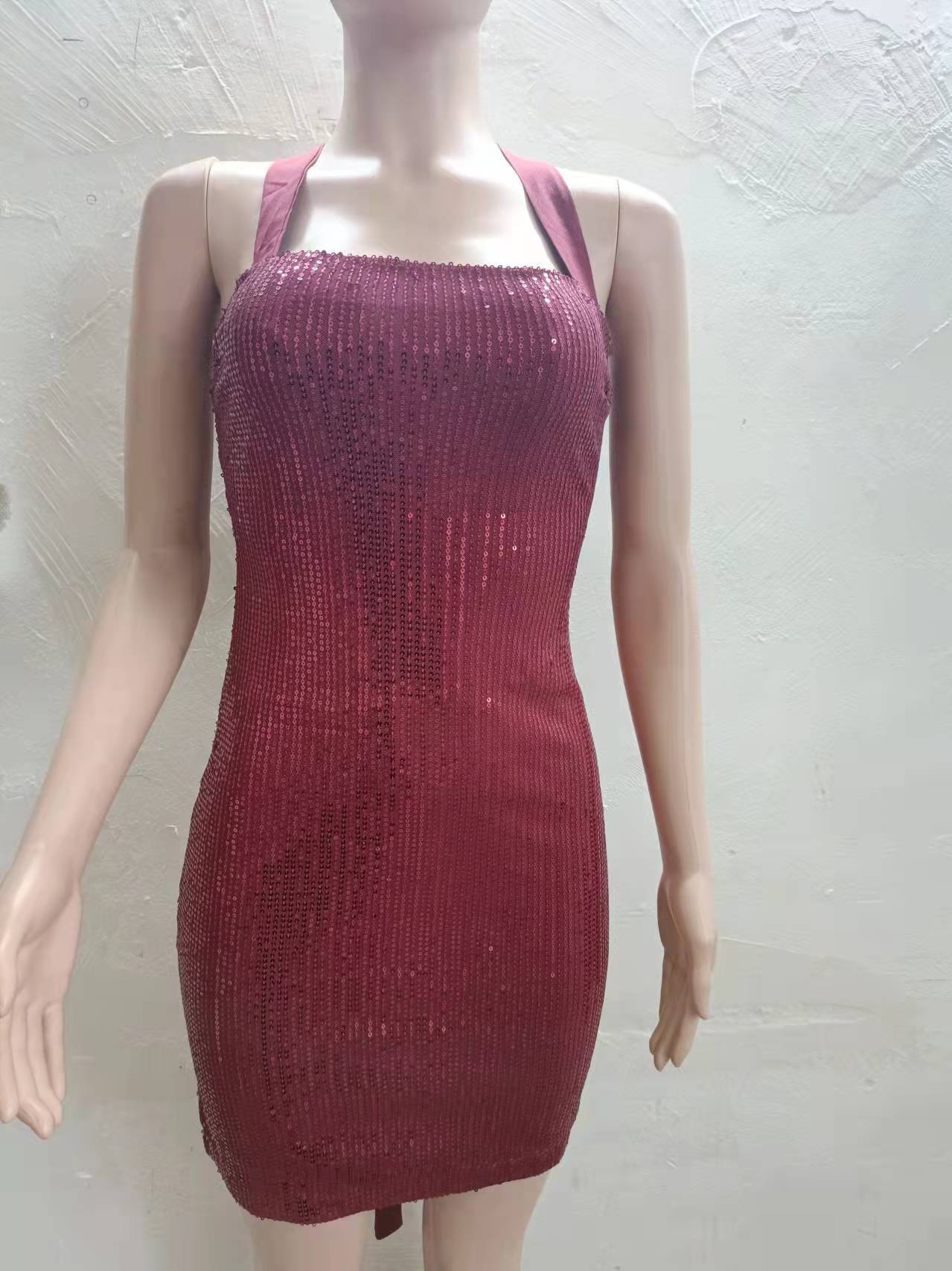 Women Clothing Autumn Winter Sequined Tight Strapless Sling Sexy Backless Lace Up Dress
