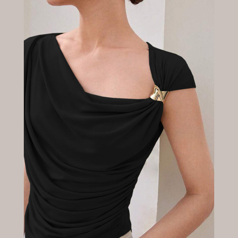 Summer Women Clothing Solid Color Simple Personality Diagonal Collar Sleeveless Cinched Slimming Pullover Women