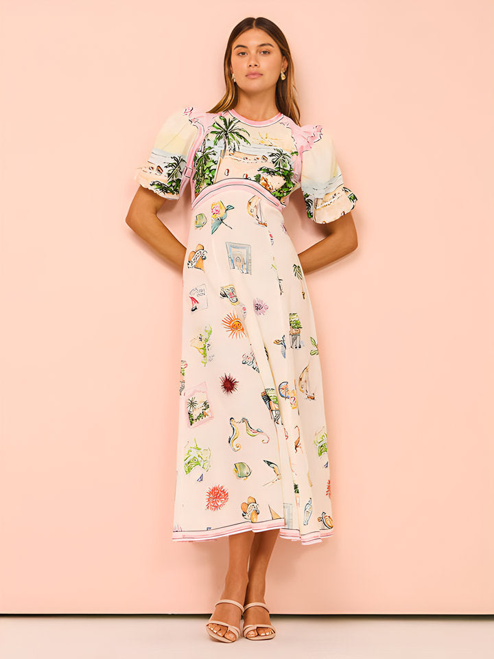 Summer Casual Printed Cotton Linen Round Neck Short Sleeve Dress Women Amplified craft