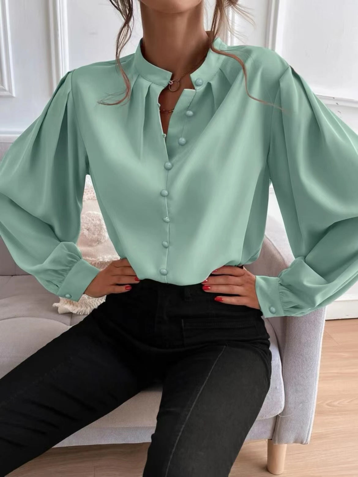 Women Shirt Autumn Elegant Solid Color Collared Long Sleeve Single Row Button Loose Women Top