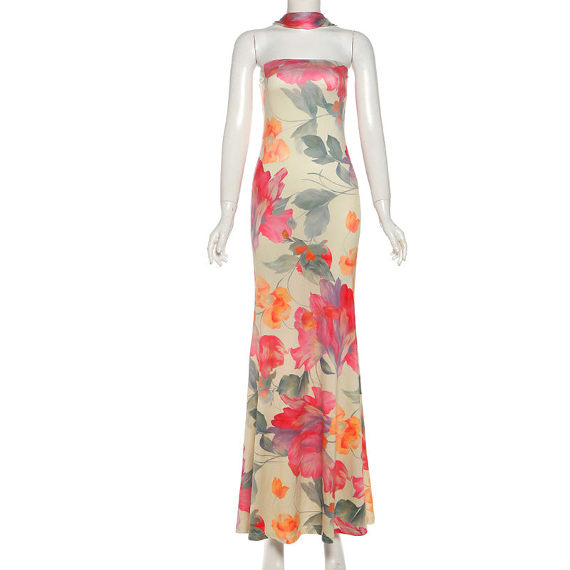 Fall Women Clothing Elegant Slim Fit Scarf Collar Sexy Backless Tube Top Printed Dress Women