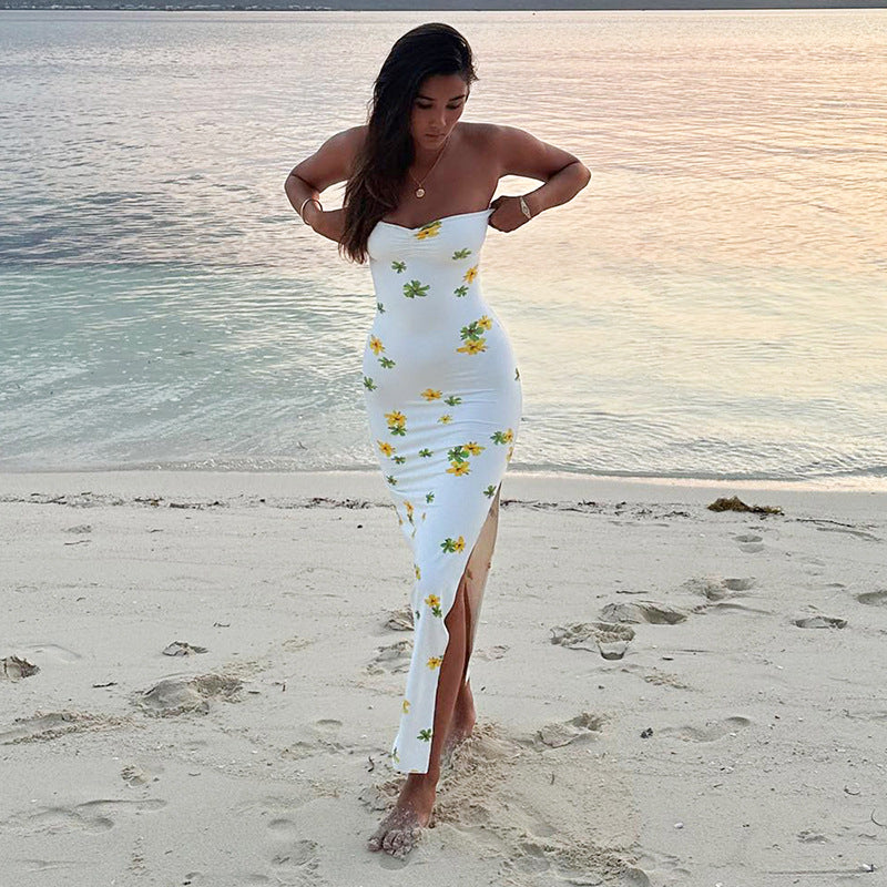 Plant Floral Print Tube Top Slit Maxi Dress Women Clothing Spring Summer