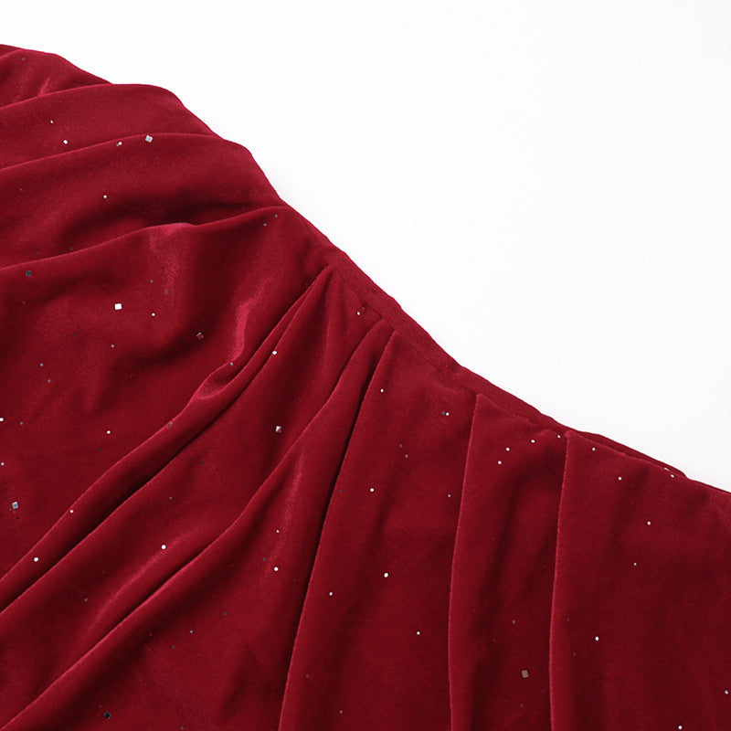 Autumn Socialite Halter Sleeveless Velvet Shiny Split Slimming Dress
