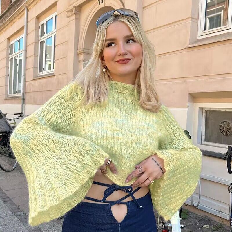 Round Neck Flared Sleeves Lazy Short Large Sweater Autumn All Matching Office Top Women Clothing
