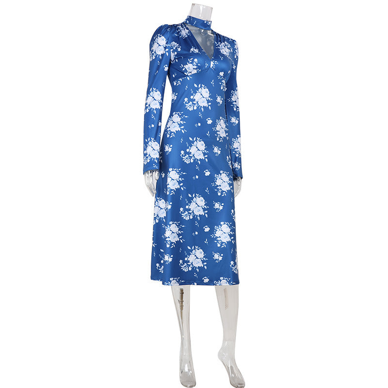 Floral Print Elegant V neck Summer Slim Fit Lightweight Thin Long Sleeve Dress Klein Blue Dress