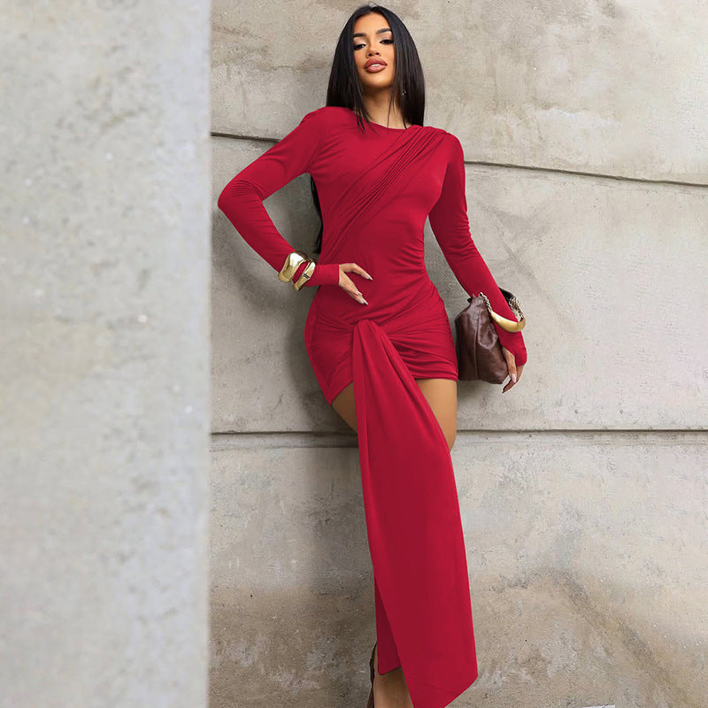 Solid Color Sheath Short Dress Autumn Long Sleeve Ribbon Slim Dress Women