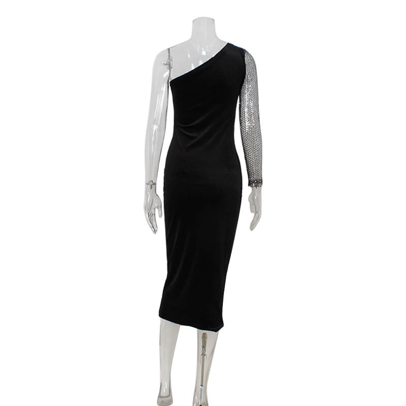 Women Clothing Fashionable Sequ Stitching Shoulder Diagonal Collar Dress Formal Dress
