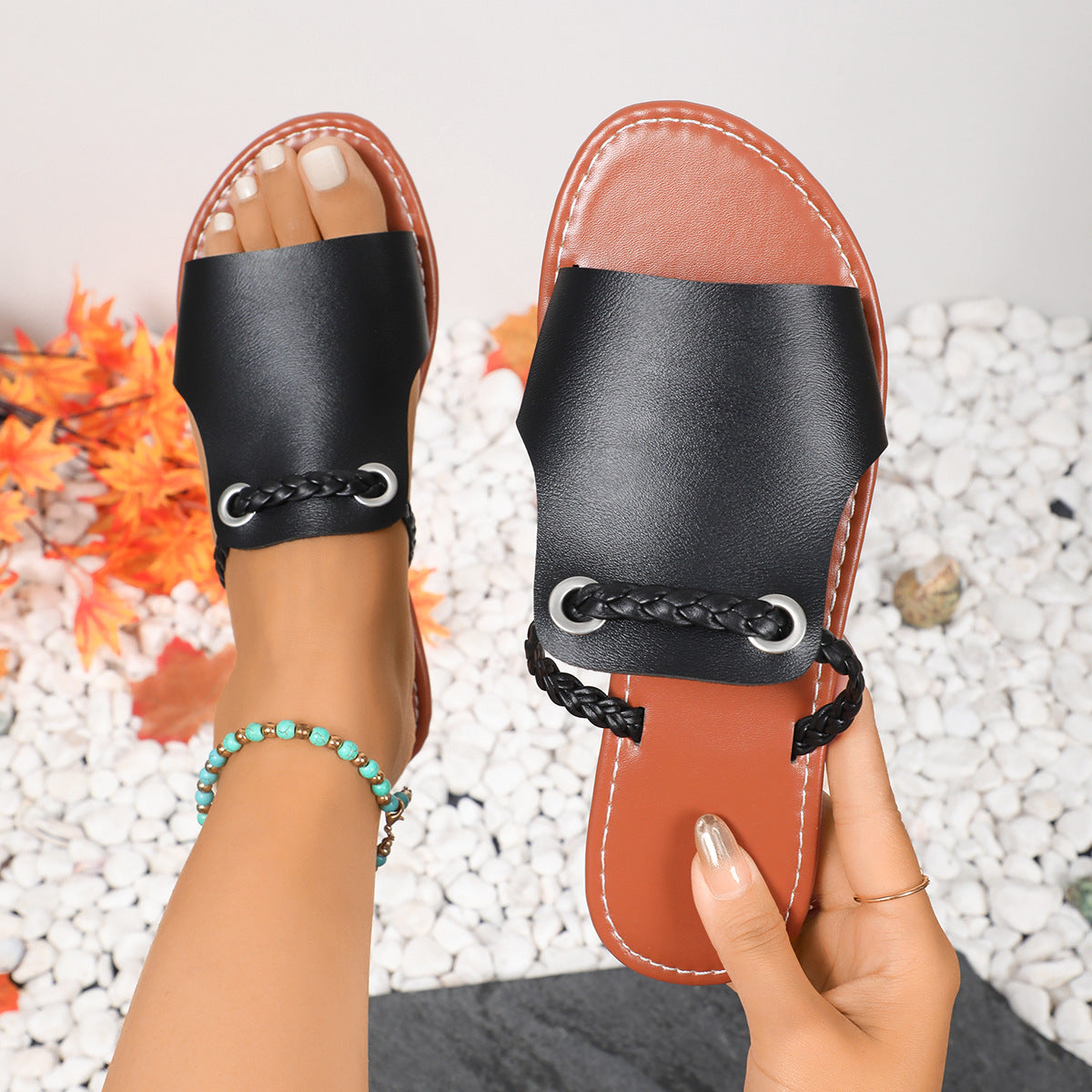 Plus Size Knitted Belt Peep Toe Slippers Women Solid Color Outerwear Word Beach Slippers