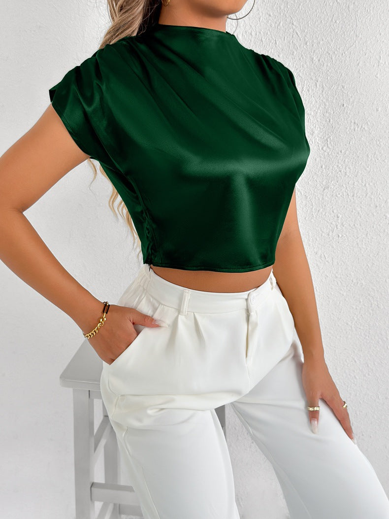 Real Shot Women Clothing High Sense Summer Satin Shirt Satin Shirt Short Sleeve Shirt