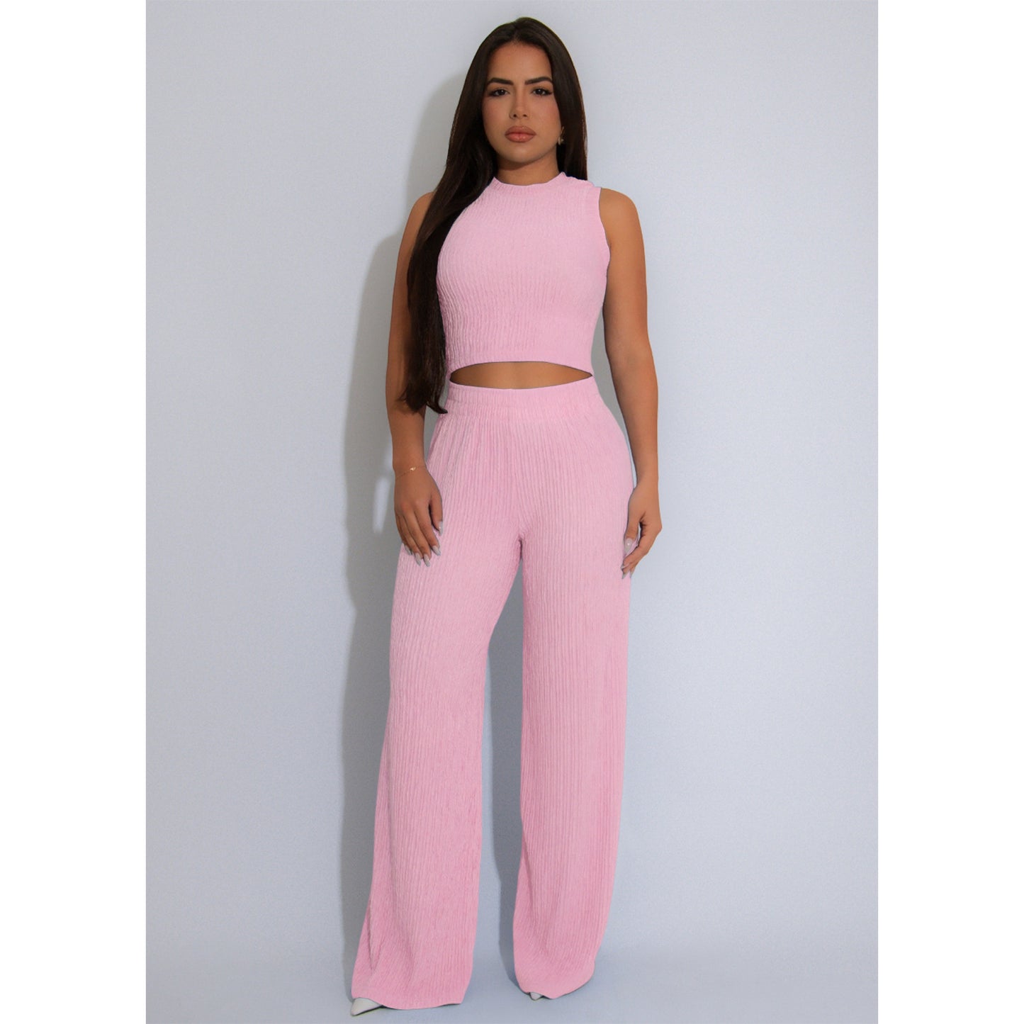 Women Clothing Elastic Crumpled Loose Sleeveless Wide Leg Pants Suit Two Piece Sets
