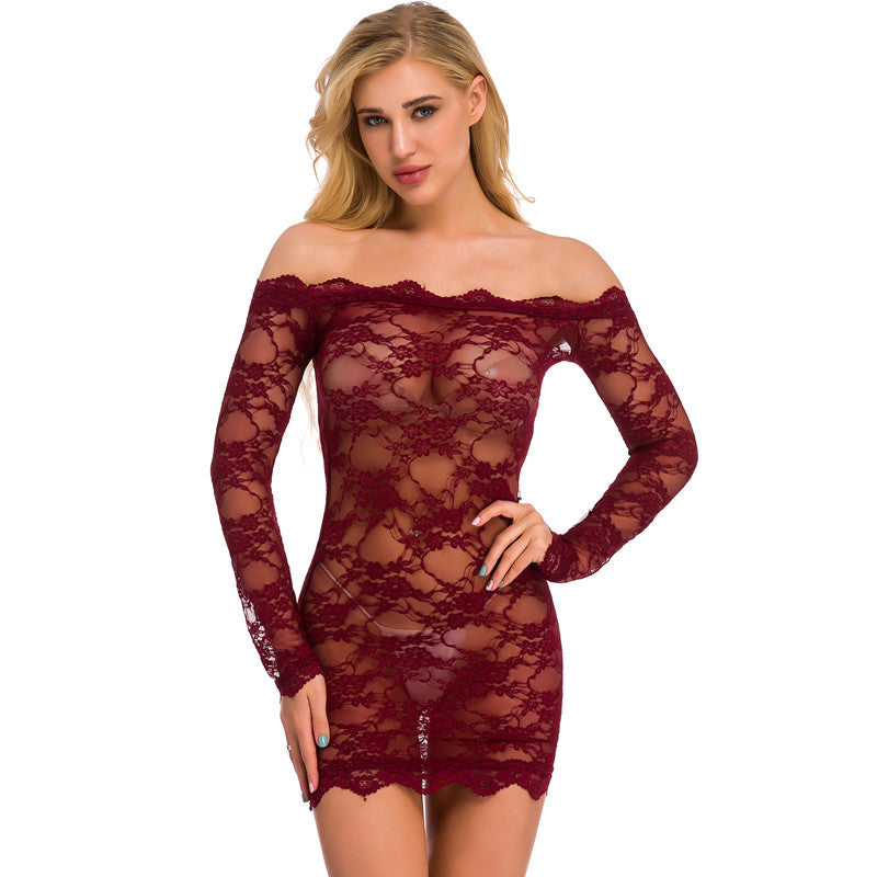 Sexy Women Black Long Sleeved Lace See through Jumpsuit Sexy Pajamas off Shoulder Sexy Sleepwear