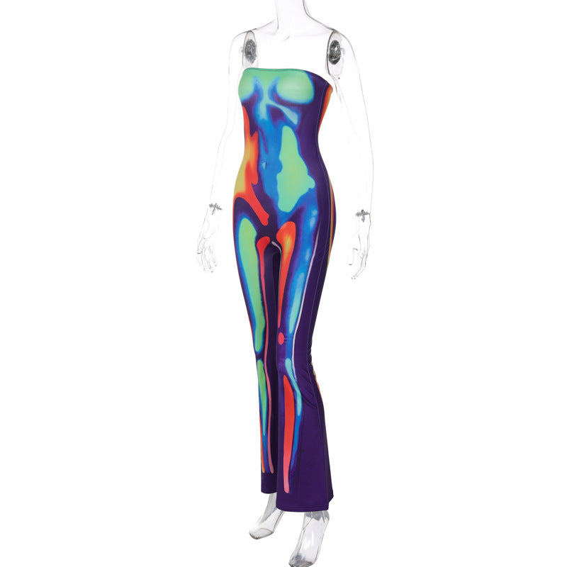 Women Clothing Summer Tube Top off Neck Multi Color Printed Slim Fit Hip Raise One Piece Trousers
