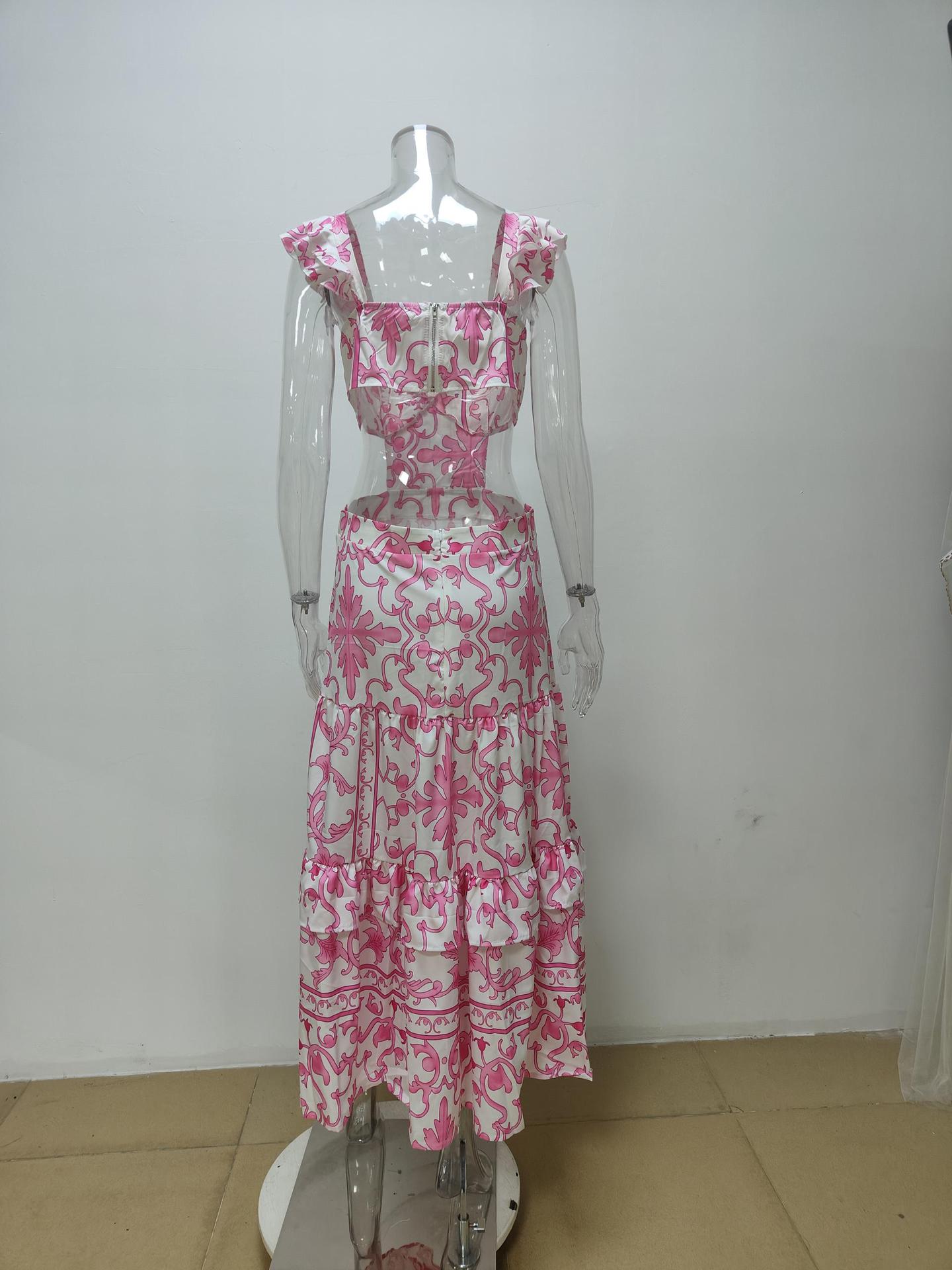 Women Clothing Elegant Padded Shoulder Flying Sleeves Printed Large Dress Maxi Dress