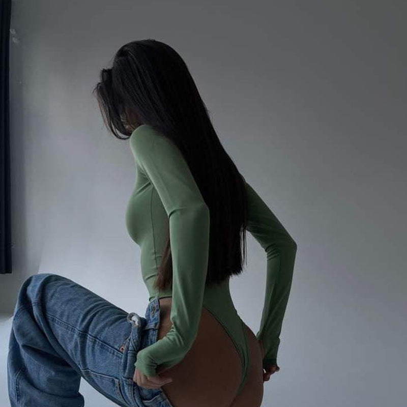 Spring Round Neck Long Sleeve Bottoming Skinny Solid Color Sexy Siamese Top Women