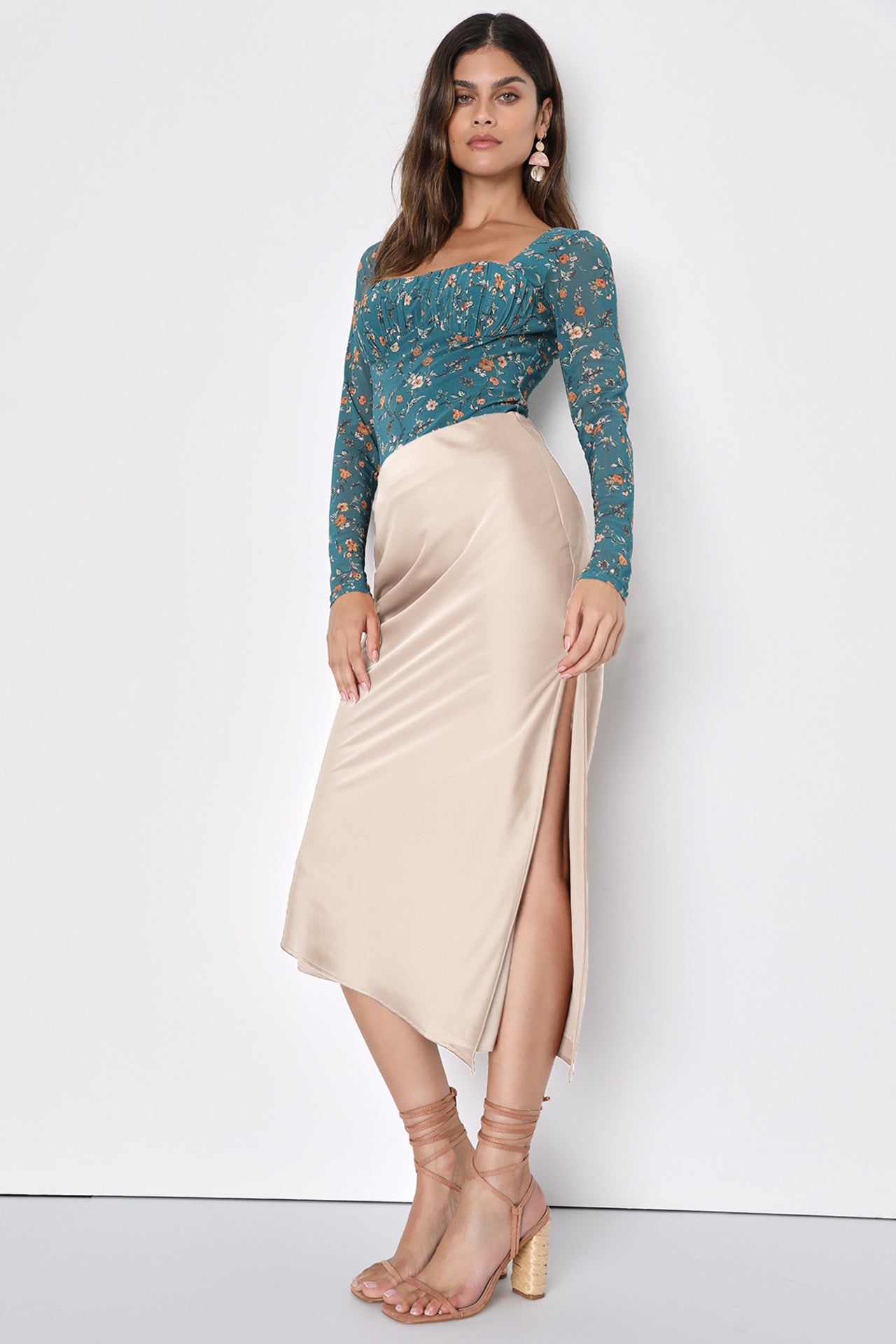 Women Clothing Satin Skirt Asymmetric High Waist Elastic Long Skirt Elegant Slit Skirt
