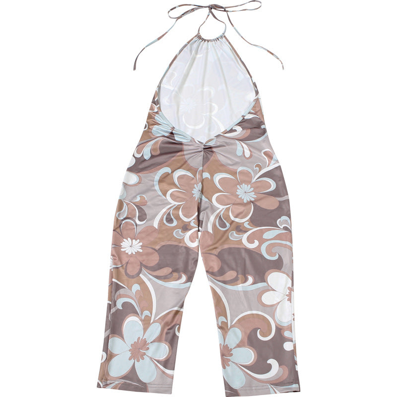 Summer Women Sexy Halter Printed Backless High Slimming Waist Jumpsuit