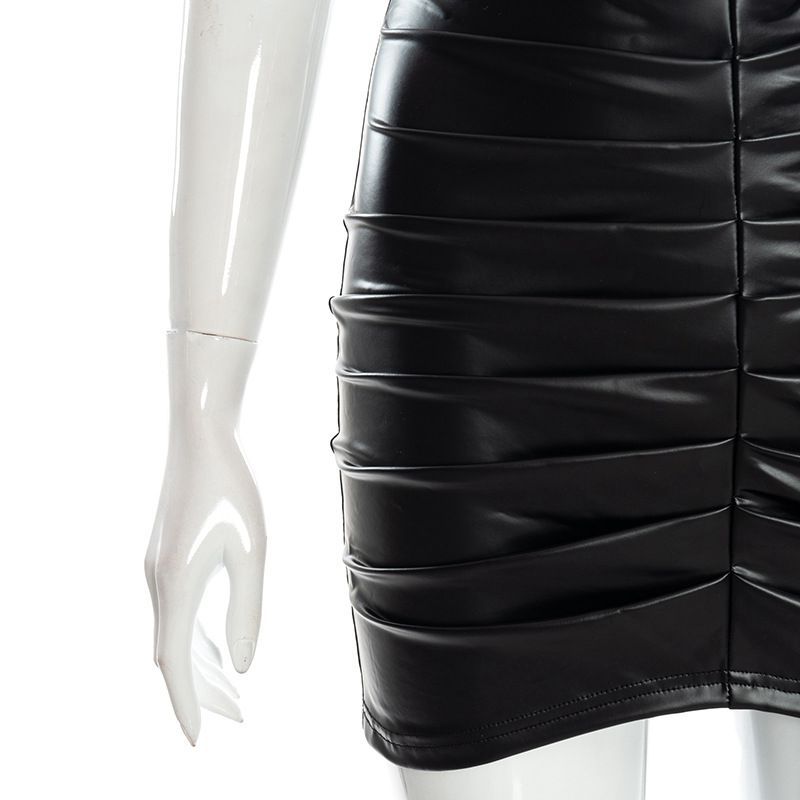 Women Clothing Top Product Solid Color Pleated Faux Leather Sheath Skirt Women Skirt
