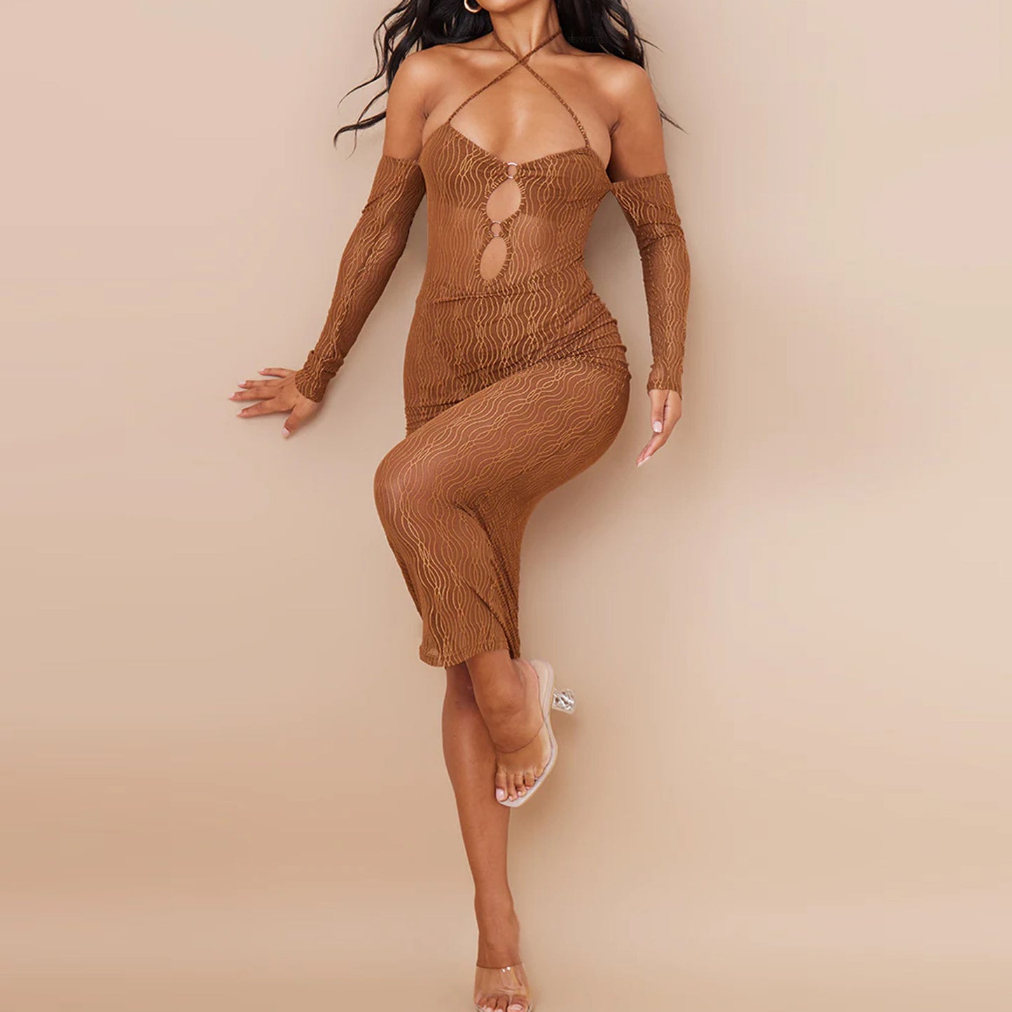 Spring Summer Mesh Halter Dress Women Blouse See through Sexy Cutout Stitching Hip Maxi Dress