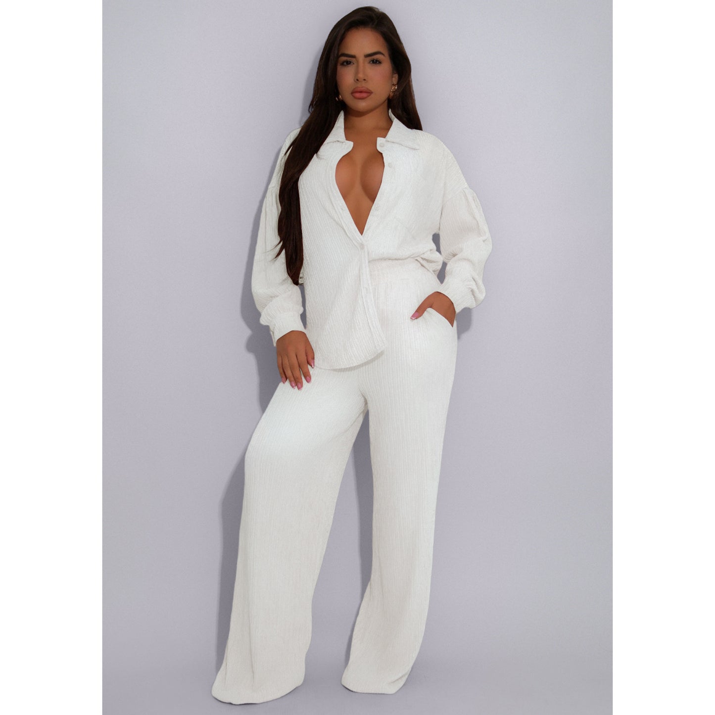 Women Elastic Crumpled Lace up Multi Pocket Swing Pants Wide Leg Pants Two Piece Sets