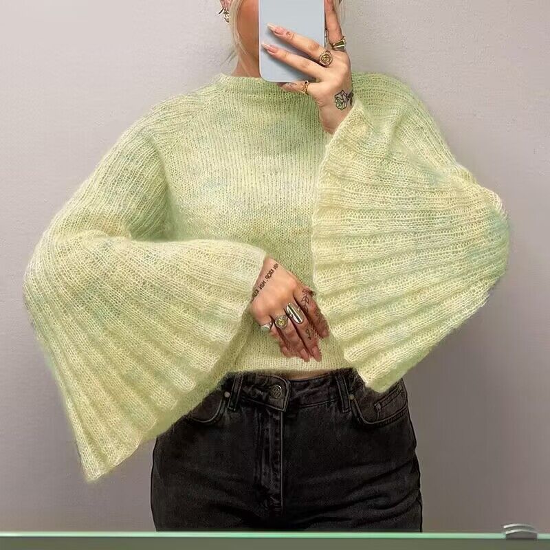 Round Neck Flared Sleeves Lazy Short Large Sweater Autumn All Matching Office Top Women Clothing