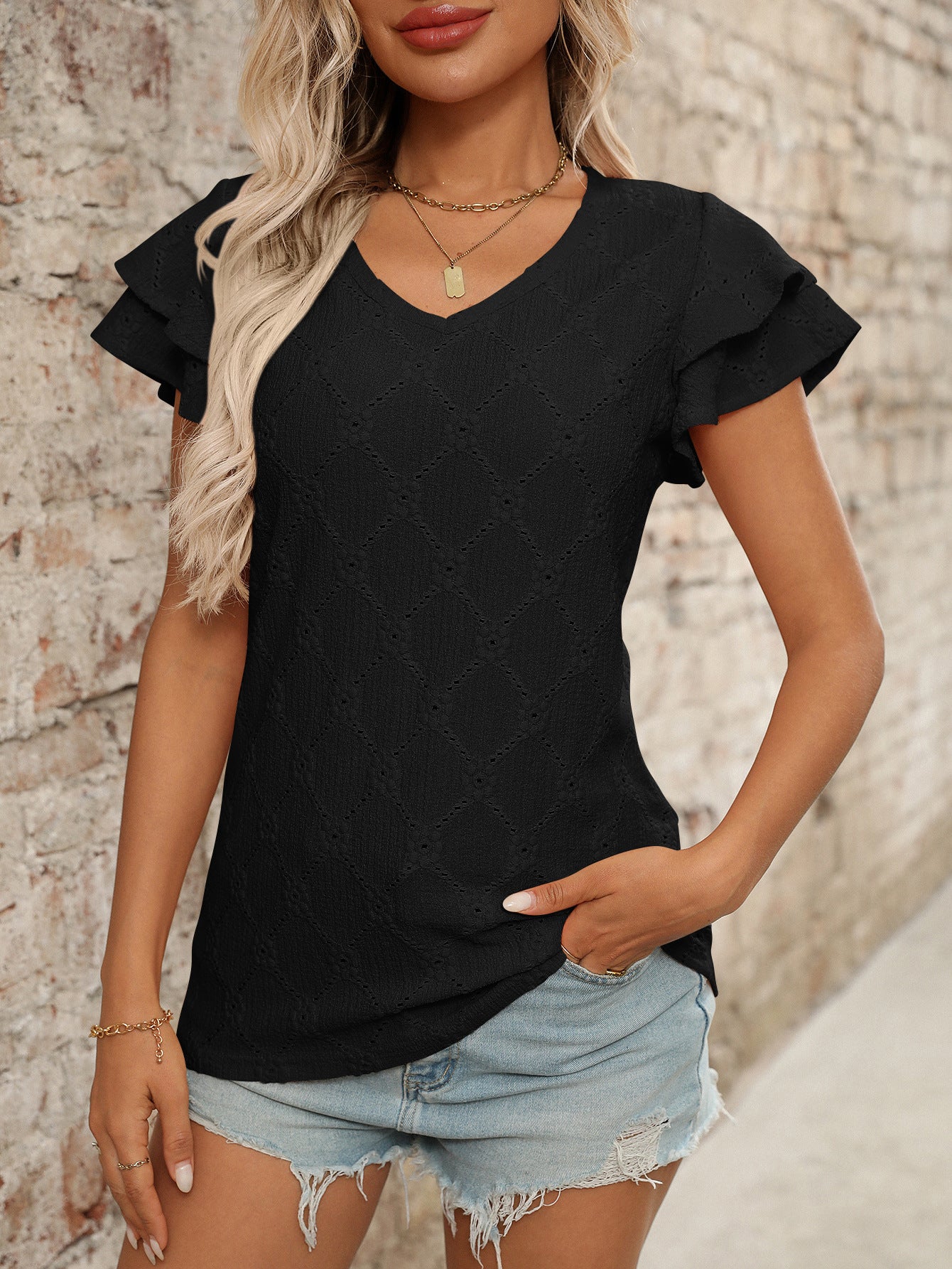 Women Clothing Spring Summer Solid Color V neck Sweet Short Sleeved T shirt Hollow Out Cutout Top