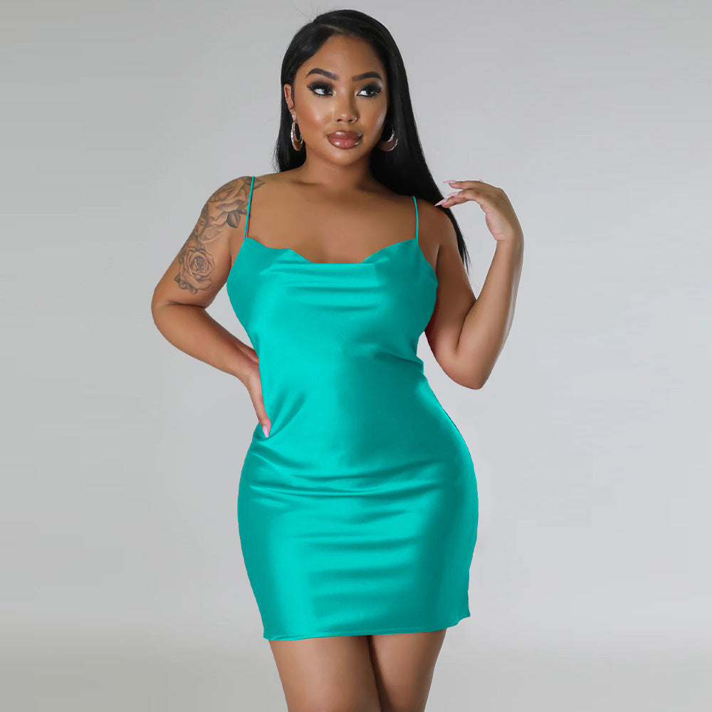 Women Clothing Solid Color Backless Dress Artificial Silk Sexy Swing Collar Sling Dress