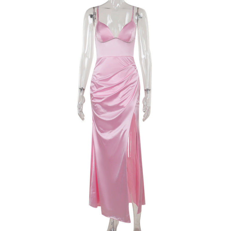 Autumn Slit Elegant Sexy Slim Drill Chain Strap Dress for Women