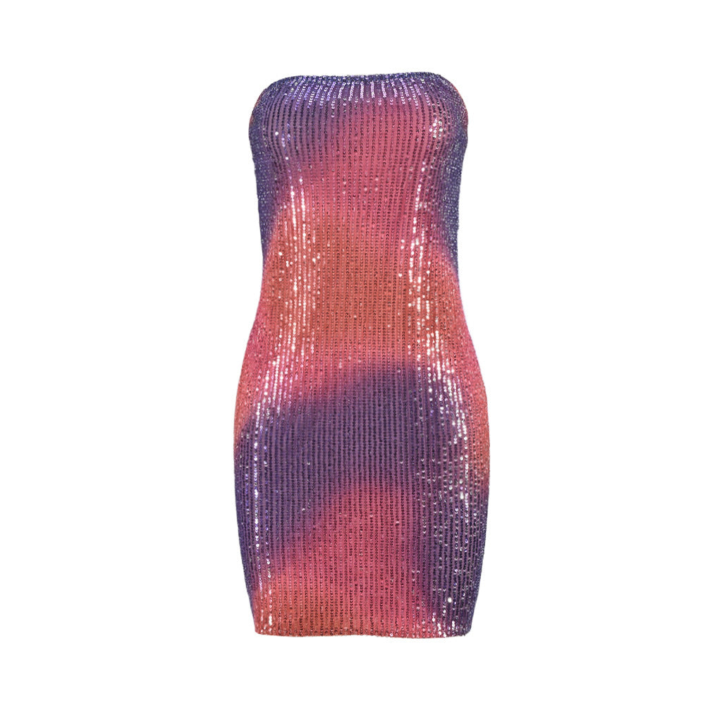 Christmas Sexy Tube Dress Women Sexy Double Layer Cover Hollow Out Cutout Backless Sequin Hip Dress
