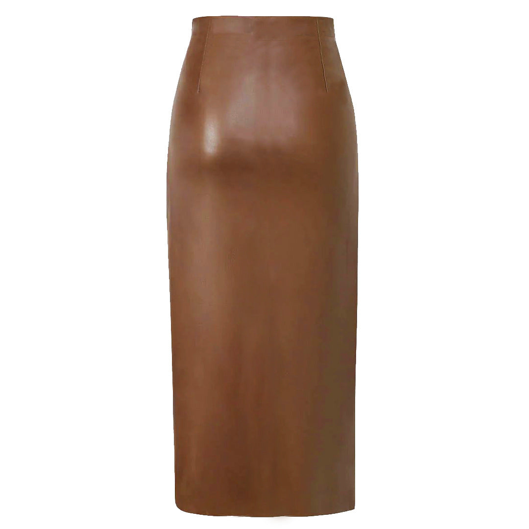 Autumn Winter Faux Leather Split Leather Skirt High Waist Zipper Skirt Slim Sheath Long Skirt Women