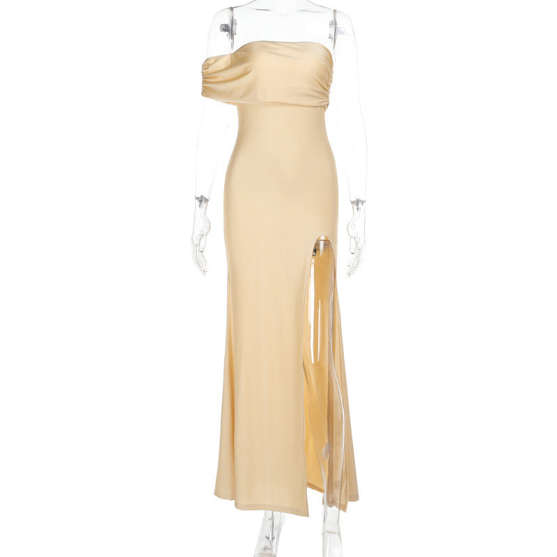Spring Elegant Sexy Slim Single Sleeve off Shoulder High Slit Dress