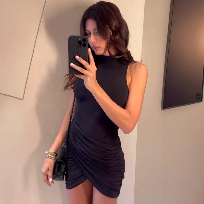 Summer Solid Color Slim Fit Advanced Texture Sleeveless Ruffle Hip Dress