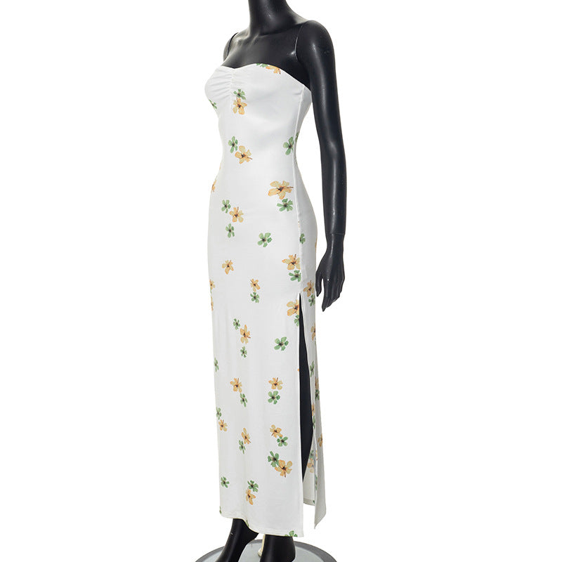Plant Floral Print Tube Top Slit Maxi Dress Women Clothing Spring Summer