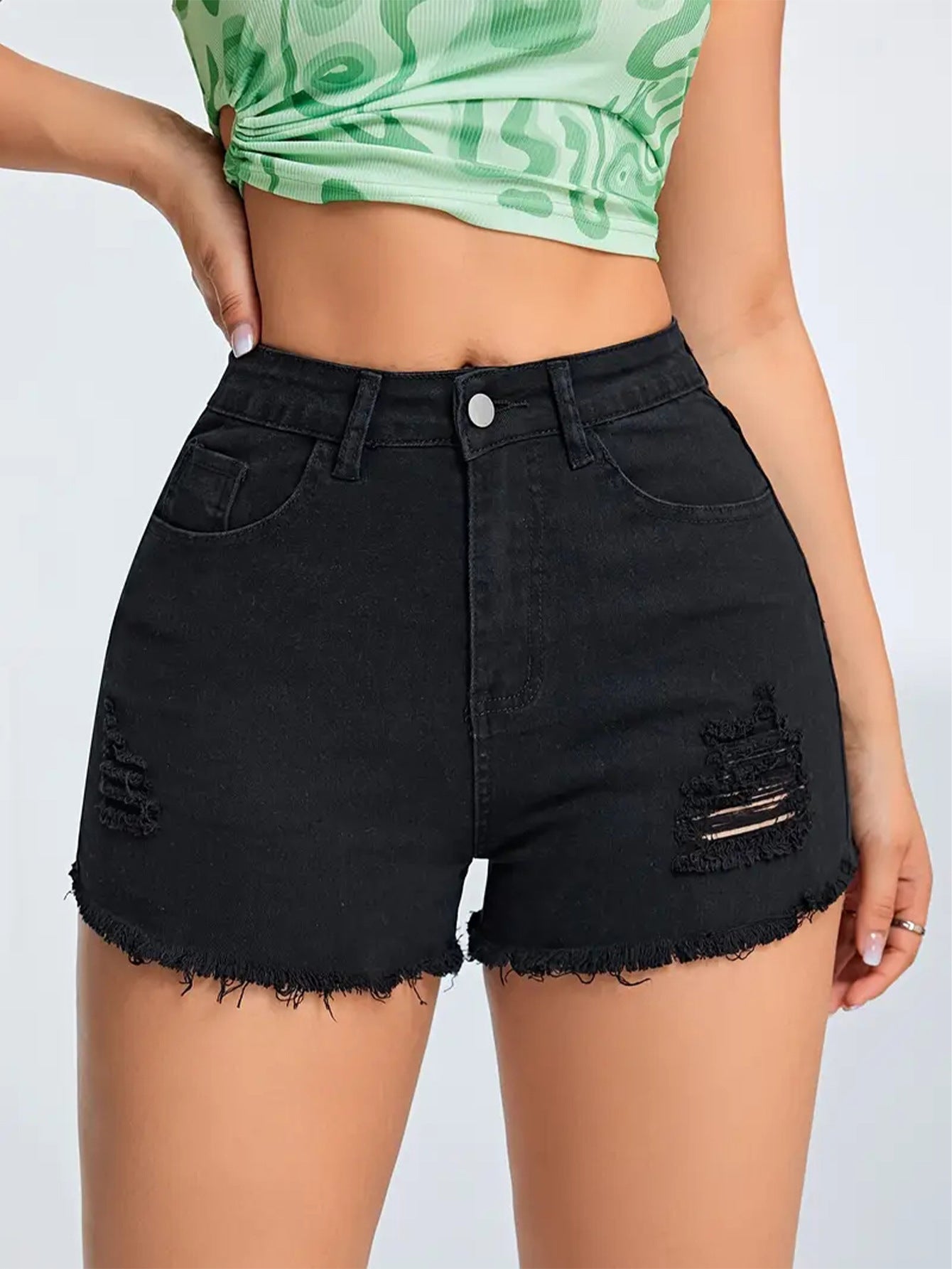 Ripped Black Denim Casual Slim Fit Figure Flattering Multi Craft Design Women Denim Shorts Denim Shorts Shorts